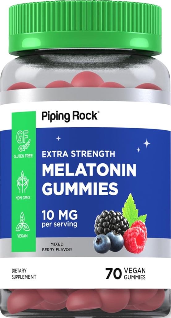 Piping Rock Melatonin Gummies 10 מ"ג | 70 חניכיים למבוגרים טבעוניים / ברי פלבדור | Non-GMO, Gluten Free