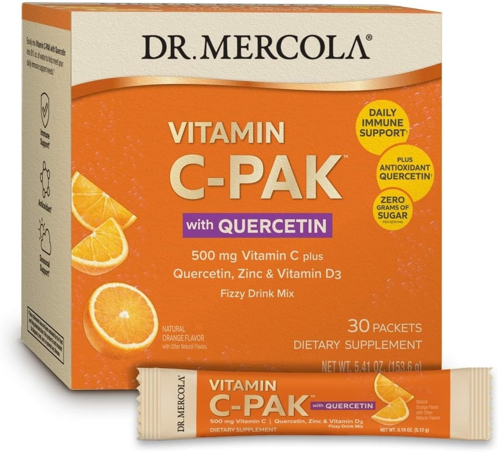 Dr. Mercola Vitamín C-PAK s Quercetin - Denná imunitná podpora nápoj - Zinok a vitamín D3 Blend - bez lepidla - šumivé pomarančová aróma - 30 paketov