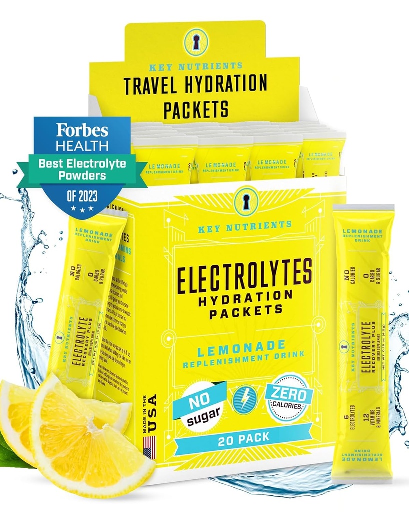 KEY NETRIENSER Electrolytes Powder Packets - Forfriskende Lemonade 20 Pack Hydration Pacets - Rejse Hydration Powder - Ingen Sukker, Ingen Kalorier, Gluten Free - Made in USA