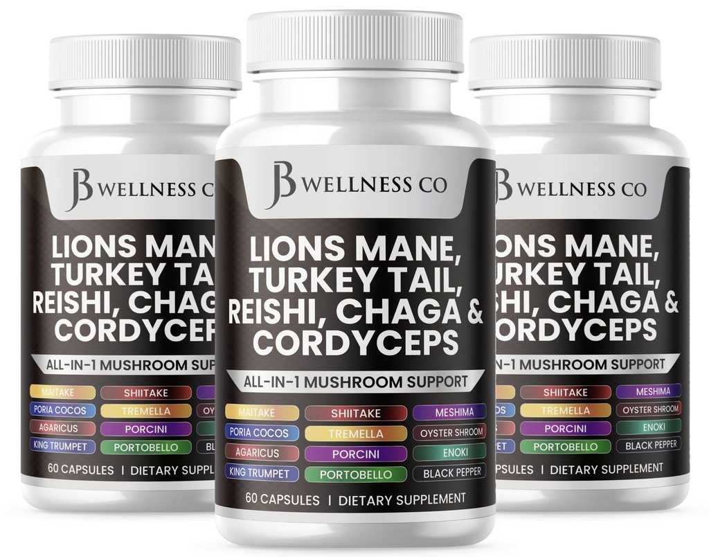 JB Wellness Co Lions Mane Supplement Cognitive Support, Immune Health with Turkey Tail 20in1 Mushroom Reishi Cordyceps Chaga with Marshmallow Root -180 Count