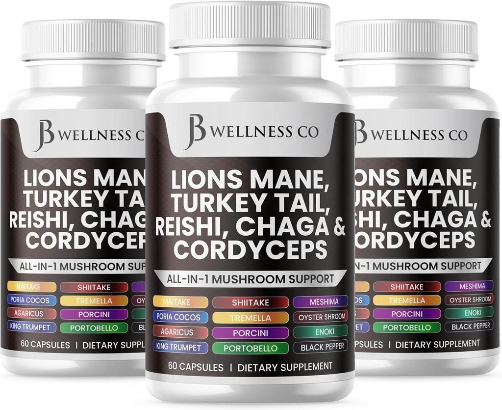 Lions Mane תוספת תמיכה קוגניטיבית, Immune Health עם טורקיה Tail 20in1 Mushroom Reishi Cordyceps Chaga עם Marshmallow Root - 18 Count
