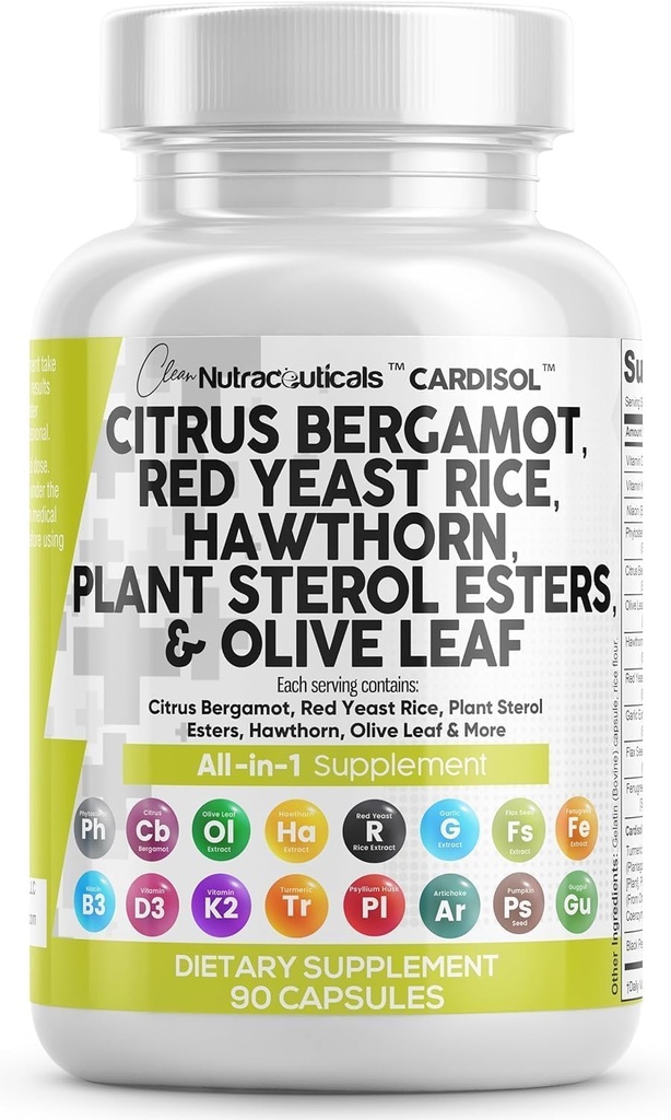 Pulire Nutraceuticals Citrus Bergamot Rosso lievito capsule di riso con Sterols vegetali - con Estratto di biancospino Leaf Niacin Vitamina K3 D3 COQ10 Guggul & More