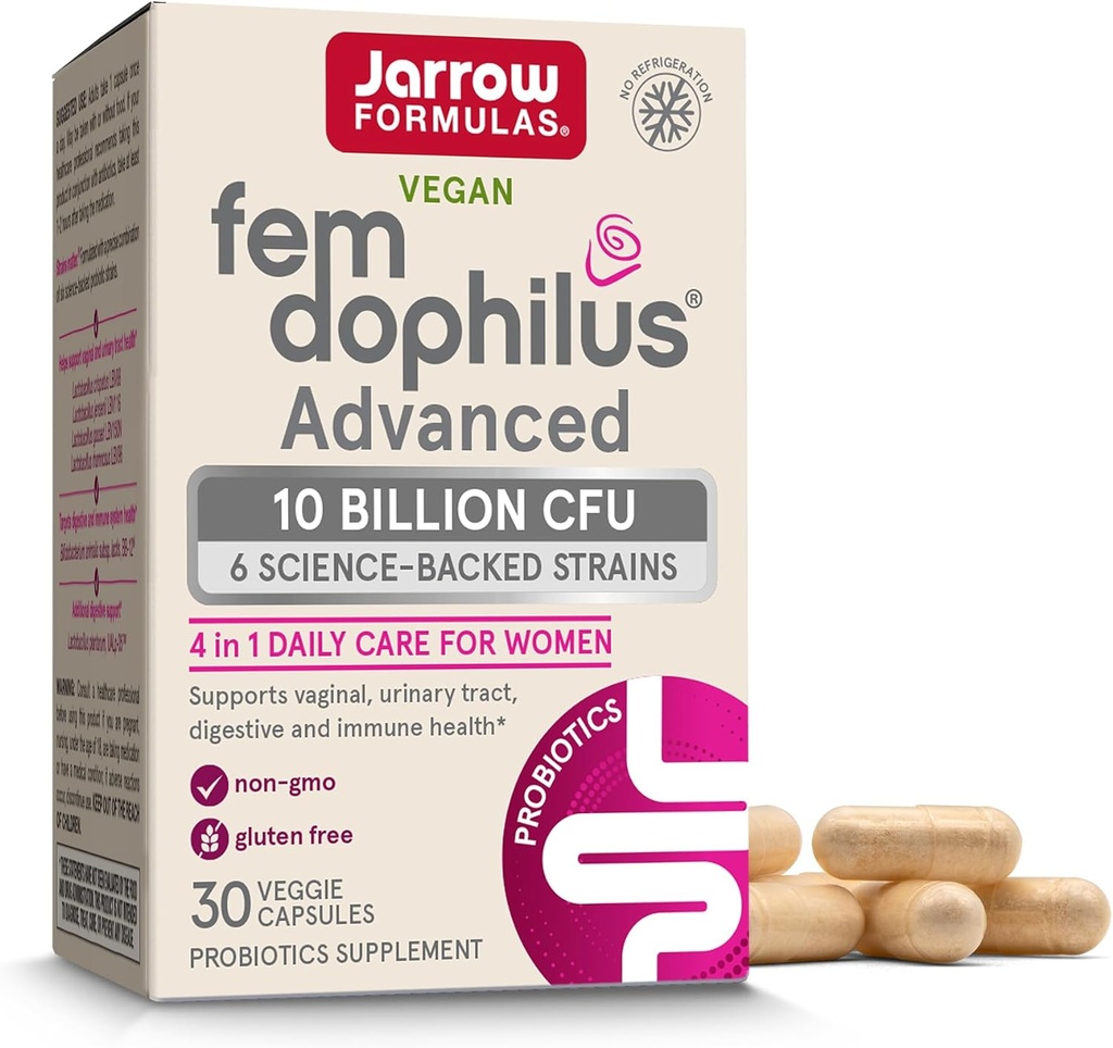 Jarrow Formulas Fem-Dophilus Advanced Vaginal & Digestive Probiotics 10 miljarder CFU Med 6 Kliniskt Studerade Stammar, För Vaginal, Urinärt Tract, Digestive & Immune Support, 30 kapslar, Shelf-Stable