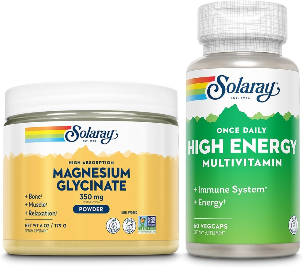 SOLARAY Magnesium Glycinat Powder 350 mg og High Energy Multivitamin Bundle - Chelated Magnesium og en gang daglig Multi - Knoglesundhed, muskel, hjerte og immunforsvar, 60- dag garanti, 6oz / 60ct