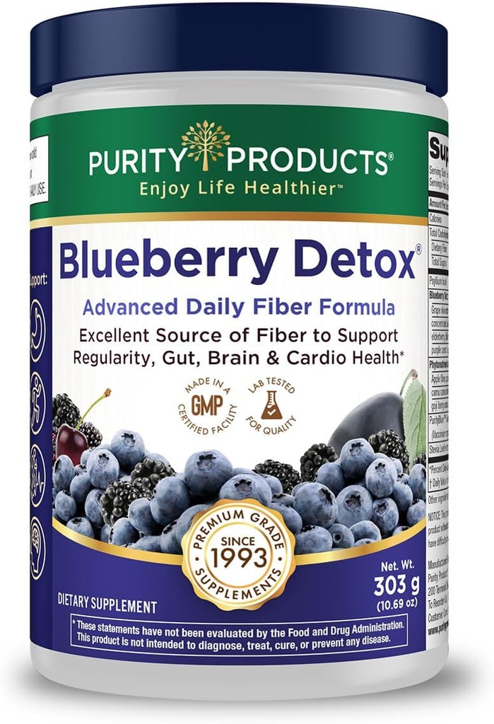 Advanced Blueberry Detox Daily Fiber Formula by Purity Products - Destacando PurityBlue Organic Wild Blueberries - A Full 6 Grams of Detoxifying, Regularity Promoting Prebiotic Fiber - 30 Servings