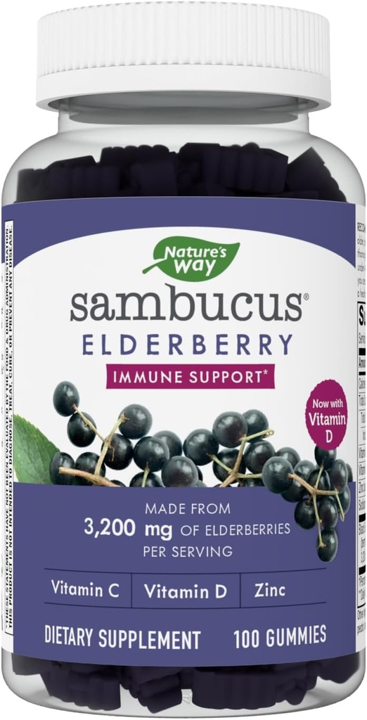 Nature's Way Sambucus Elderberry Gummies - Συμπλήρωμα Υποστήριξης Ανοσοποιητικών για Παιδιά και Ενήλικες* - Με Βιταμίνες C, D3, Ψευδάργυρος & Αντιοξειδωτική Υποστήριξη* - Χωρίς Γλουτένη & Χορτοφαγικά - 100 Gummies