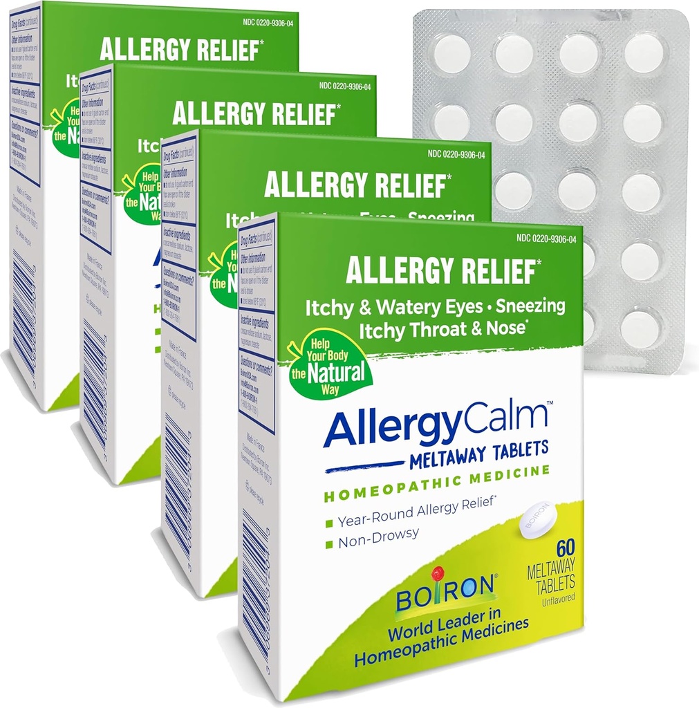 Boiron AlergyCalm Tablets 240 Counters, Relief from Alergies and Hay Fever Synmptoms of Sneezing, Runny Nose, Itchy Eyes, Throat, Alergy Calm Tabs (原Rhin Alergy) (4个60厘米箱的包装) 2017年统计用量