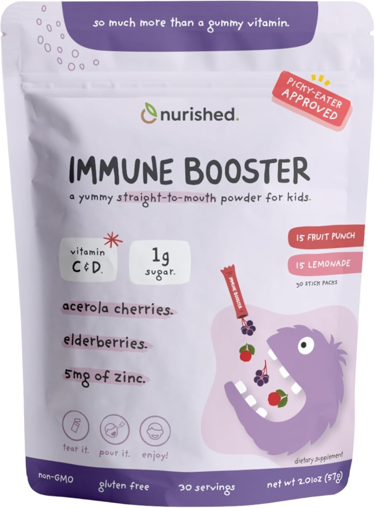 Kids Immunbooster med Elderberry, Acerola Cherry, Zink, Vitaminer C & D - Straight-to- mund pulver - 30 Servere - 2 Artikker