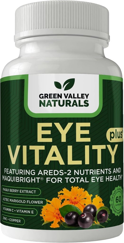 GREEN VALLEY NATURALS Eye Vitality Plus Supplement, з Areds-2 Nutrients, Maquibright, Маризол Квітка, Вітаміни C & E, цинк, Мідь, 60 Капсули (1)