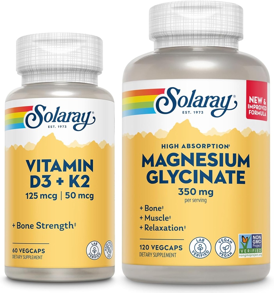SOLARAY D3 vitamīns K2 un magnija glicināts - kaulu veselības paka - kalcija absorbcija, nervs, sirds un imūnsupport w/ 5000 SV D vitamīna, 350 mg helatēta magnija, 60 dienu garantija, 60ct/ 120ct