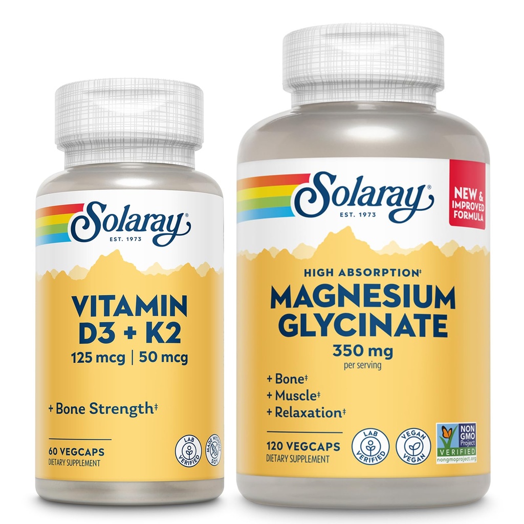 SOLARAY Vitamin D3 K2 and Magnesium Glycinate - Bone Health Bundle - Calcium Absorption, Nerve, Heart and Immune Support w/ 5000 IU Vitamin D, 350mg Chelated Magnesium, 60-Day Guarantee, 60ct/120ct