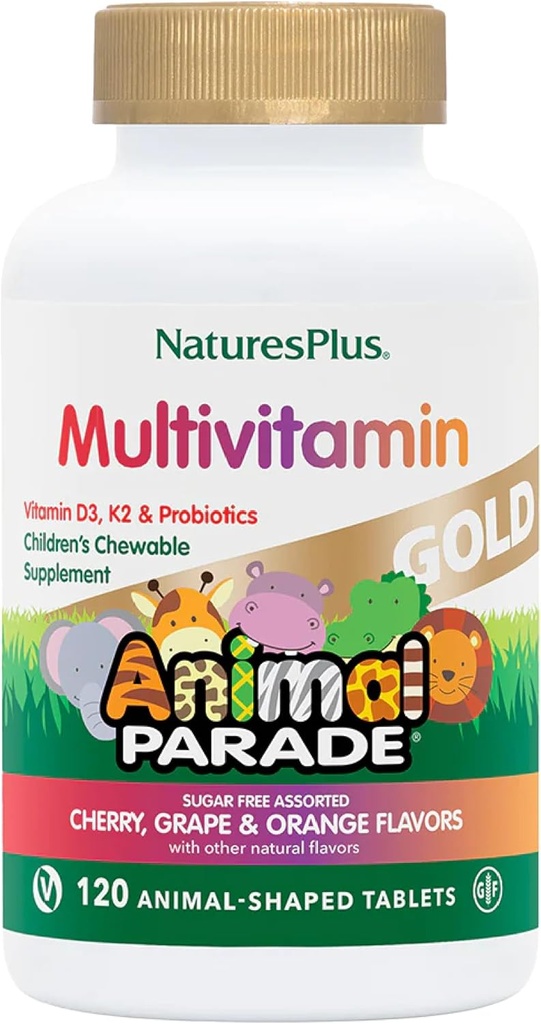 NaturesPlus Animal Parade Gold Детски мултивитамини - Асорти Череша, Портокалови и гроздови аромати - 120 Хавлиени таблетки, Опаковка от 3 - Веган, Глутен Безплатни - 180 Общо Сервиране