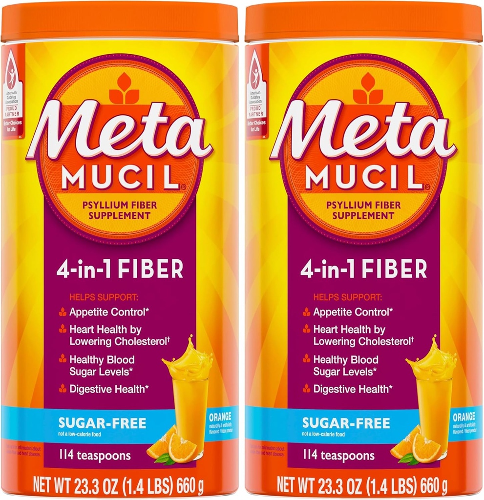 Metamucil, Daily Psyllium Husk Powder Supplement, Sugar-Free Powder, 4-i-1 Fiber för Digestive Health, Orange smaksatt Drink, 114 teskedar, 1,4 pund (Pack av 2)