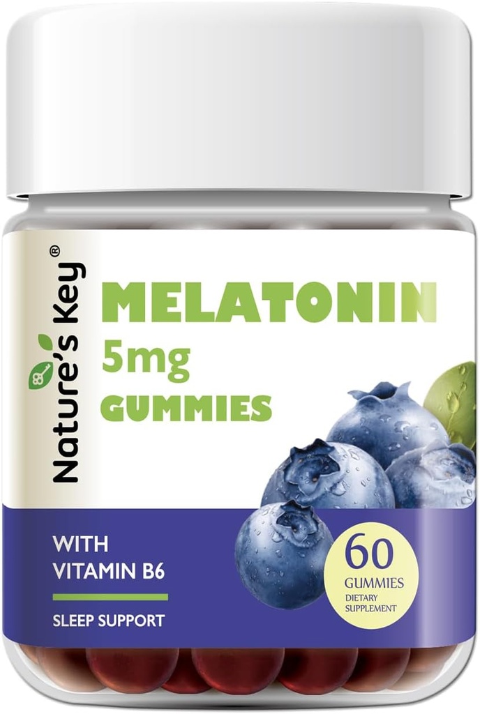 Looduse peamised melatoniini kummid lastele ja täiskasvanutele, 5 mg annuse kummi koos vitamiiniga B6, mitte-GMO, gluteenivaba-looduslik mustikamaitse 60 Count