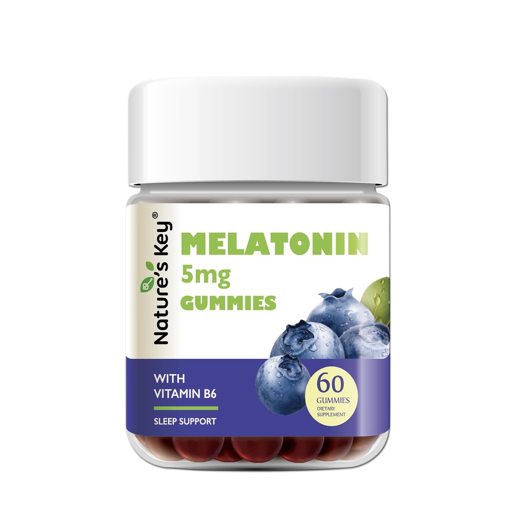 Nature's Key Melatonin Gummies for Kids & Adults, 5mg Dose Gummy with Vitamin B6, Non-GMO,Gluten-Free-Natural Blueberry Flavor 60 Count