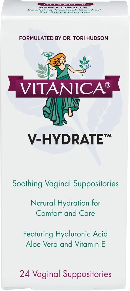 Vitanica V-Hydrate, Hyaluronic Acid Vaginal Suppositories for Comfort and Vaginal Hydration with Aloe Vera and Vitamin E, Hormone-Free & Drug-Free, Vegan, 2 Month Supply, 24 Count
