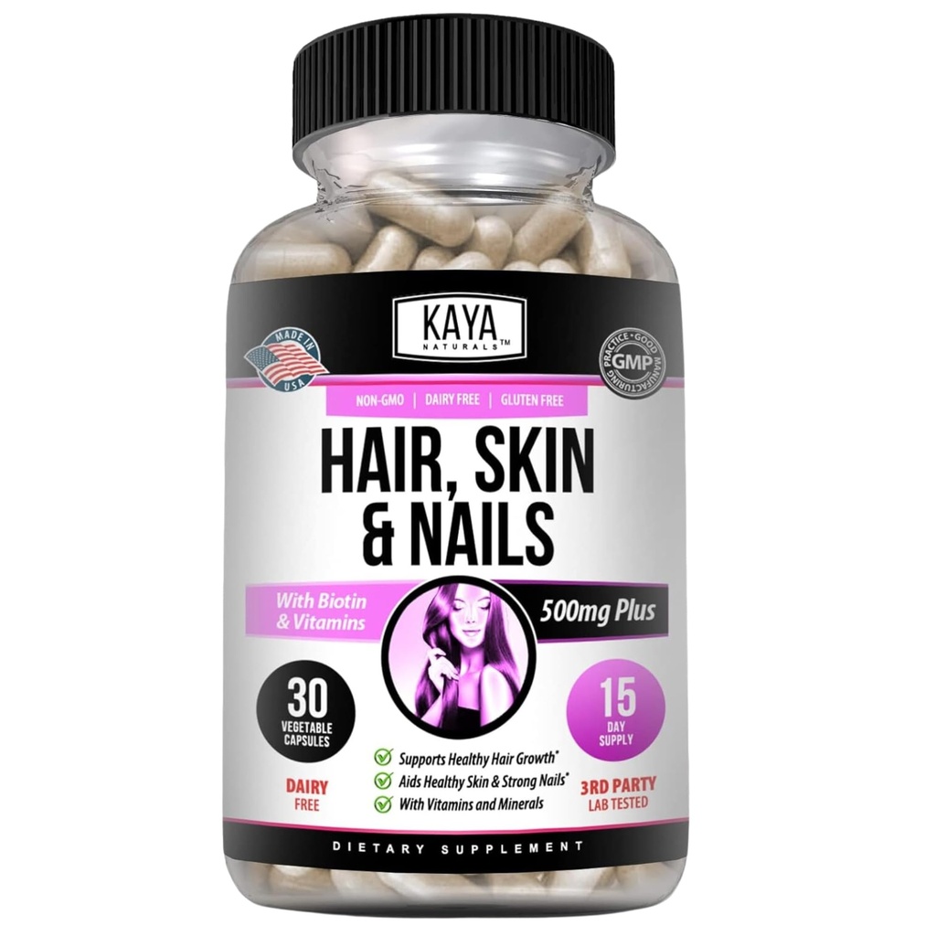 Kaya Naturals Hair Skin Nail Capsules with Biotin - Hair and Skin Vitamins, Vitamin D Vitamin B-12 A Folic Acid Support, Hair Support Vitamin Supplement for Hair Skin Nails- 30 Count Capsules