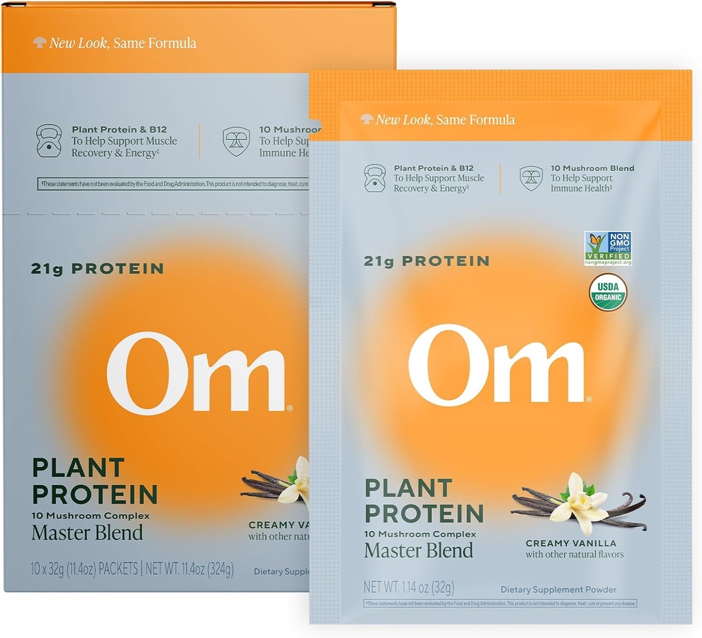 Om Master Jeck Vegan Protein Powder, Vanilla, 21g de Plant Protein - Gagic Mshush room suplementari amb 10 Mshine, Ashwagandha, BCAAs i Vitamina B12 - Simple Serve (10 comte)