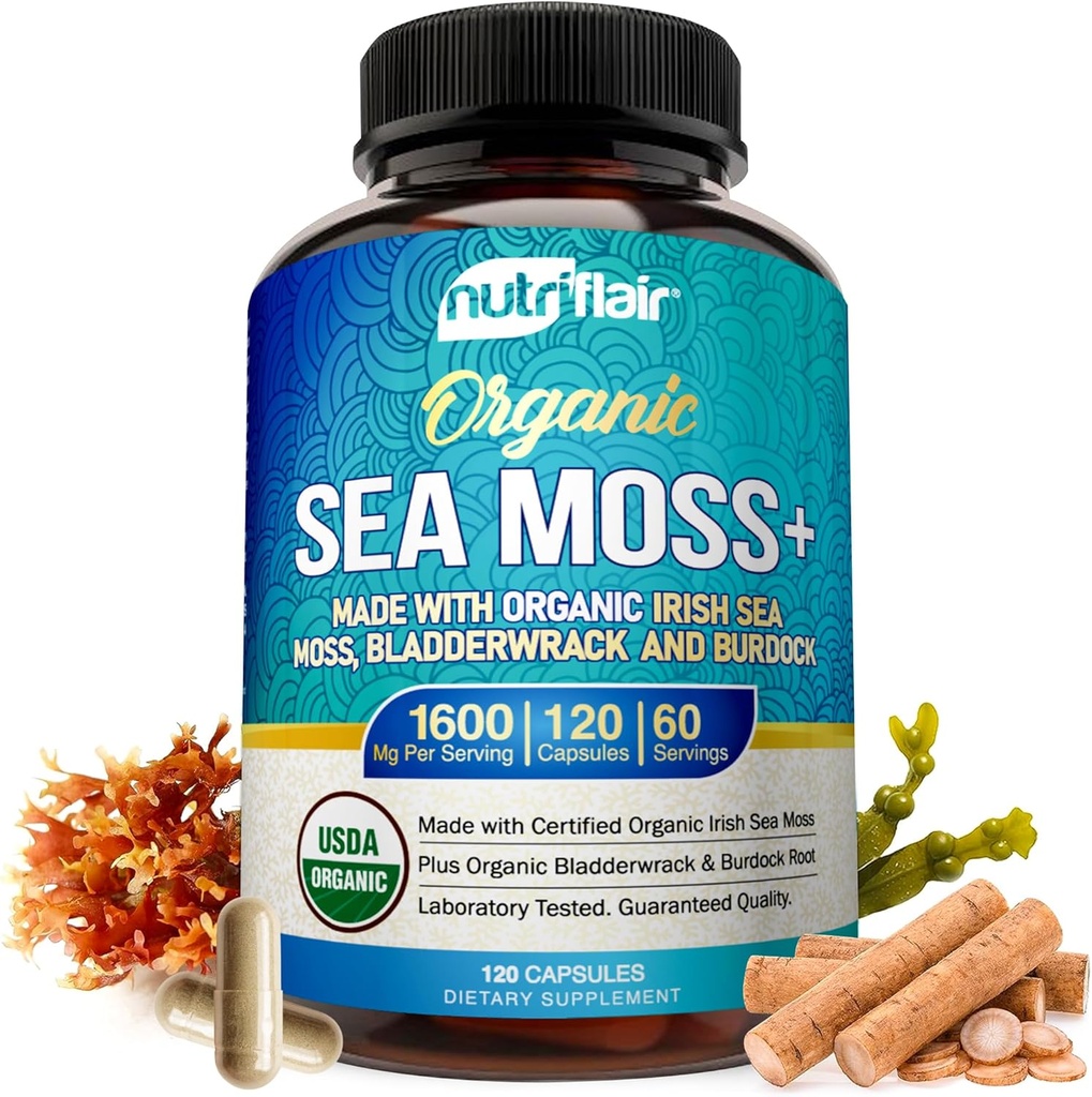 NutriFlair Organic Sea Moss 1600mg, 120 Capsules Plus Bladderwrack & Burdock - Prebiotic Super Food - Imune System & Digetical Health - Thyroid, Healthy Skin, Keto Detox, Gut