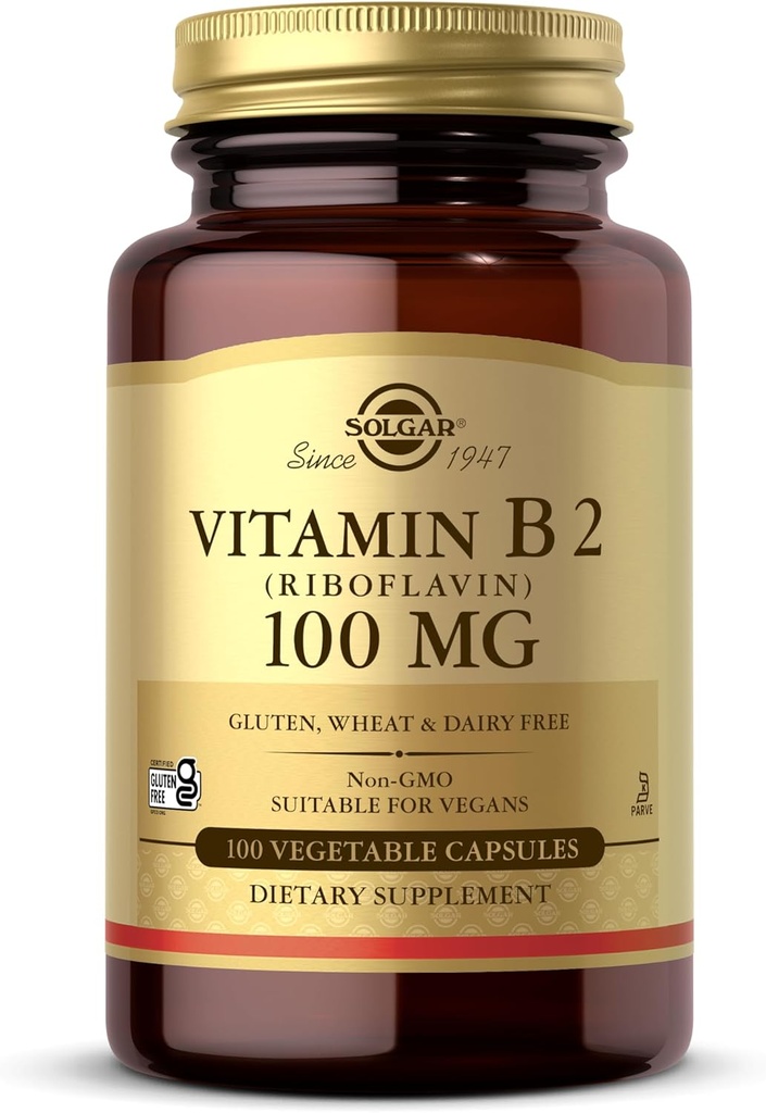 Solgar Vitamina B2 (Riboflavina) 100mg, 100 Cápsulas Vegetais - Metabolismo Energético, Sistema Nervoso Saudável - Não-GMO, Vegan, Sem glúten, Leite Livre, Kosher - 100 Servings