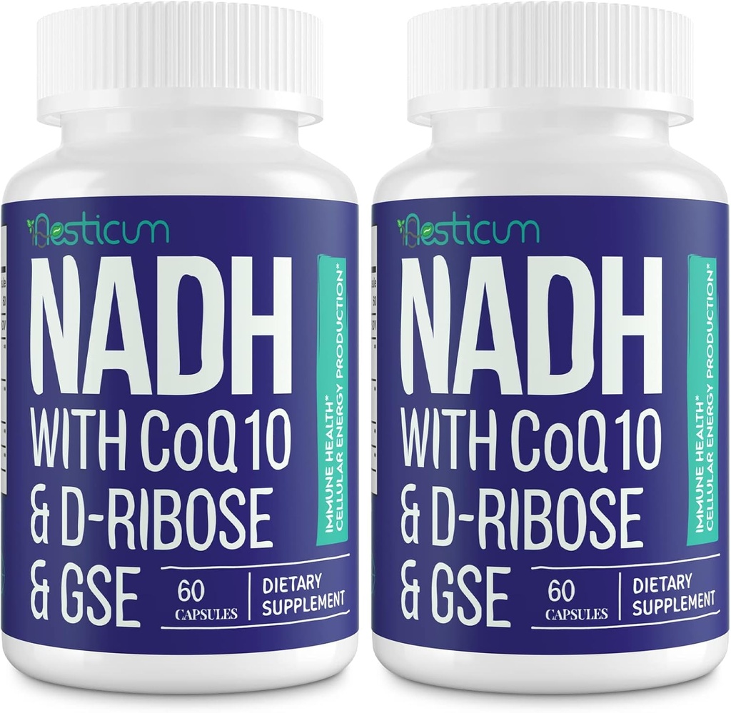 NADH 50mg + CoQ10 200mg + D-Ribose 150mg Suplemento, impulsor NAD+ Suplementos para o sistema inmunitario, enerxía celular, foco, nicotinamida reducida Dinucleotide, 120 cápsulas Veggie