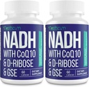 NADH 50mg + CoQ10 200mg + D-Ribose 150mg Supplement, Boosting NAD + Kosttilskudd for immunsystem, Cellular Energy, Fokus, Redusert Nikotinamid Adenin Dinukleotid, 120 Veggie Kapsler