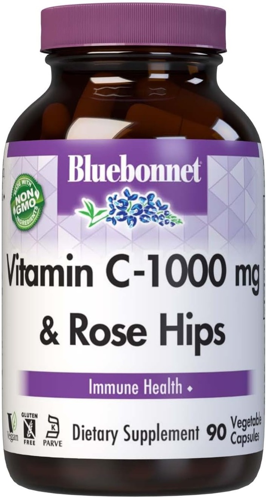 Bluebonnet Nutrition Vitamiin C-1000 mg Plus Rose HIPS Taimekapslid, immuunsüsteemi tervise jaoks, antioksüdantide kaitseks, sojavaba, gluteenivaba, mitte-GMO, Kosher, piimavaba, vegan, 90 krahv