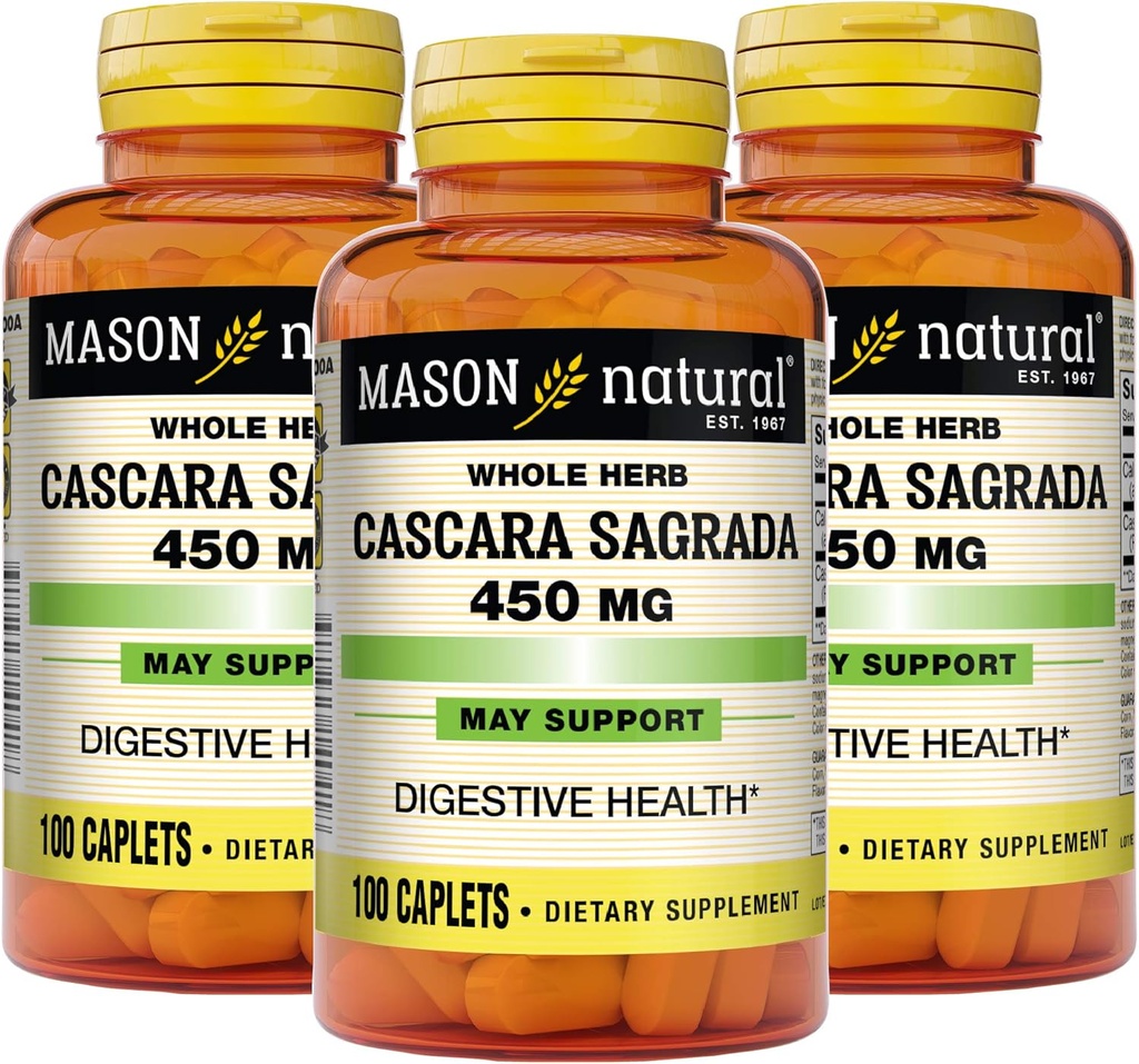 Mason Naturlig Cascara Sagrada 450 mg, Herbal Supplement for normal Digestiv funksjon Støtte, 100 Caplets (Pack of 3)
