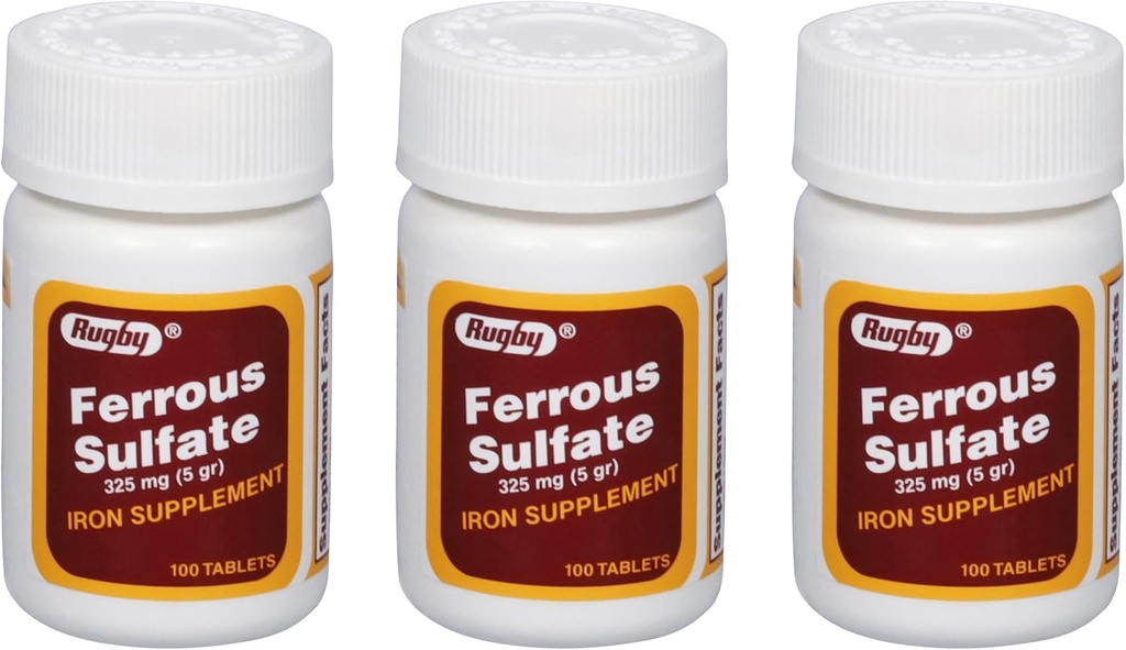 Rugby Ferrous Sulfate 325mg Таблетки - Желязо Доплащане за жени и мъже - 100 броя (3 опаковки)