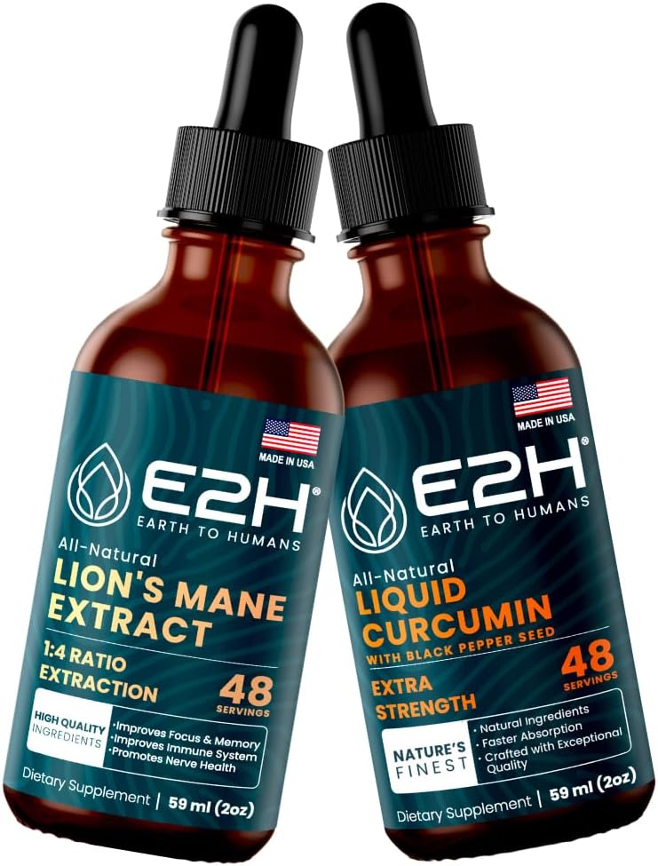 E2H: Lion's Mane for Mental Clarity & Immunity, flytande gurkmeja för gemensamt stöd | Vegan, icke-GMO - 2 Fl Oz Varje (4 Fl Oz Total) - Bundle