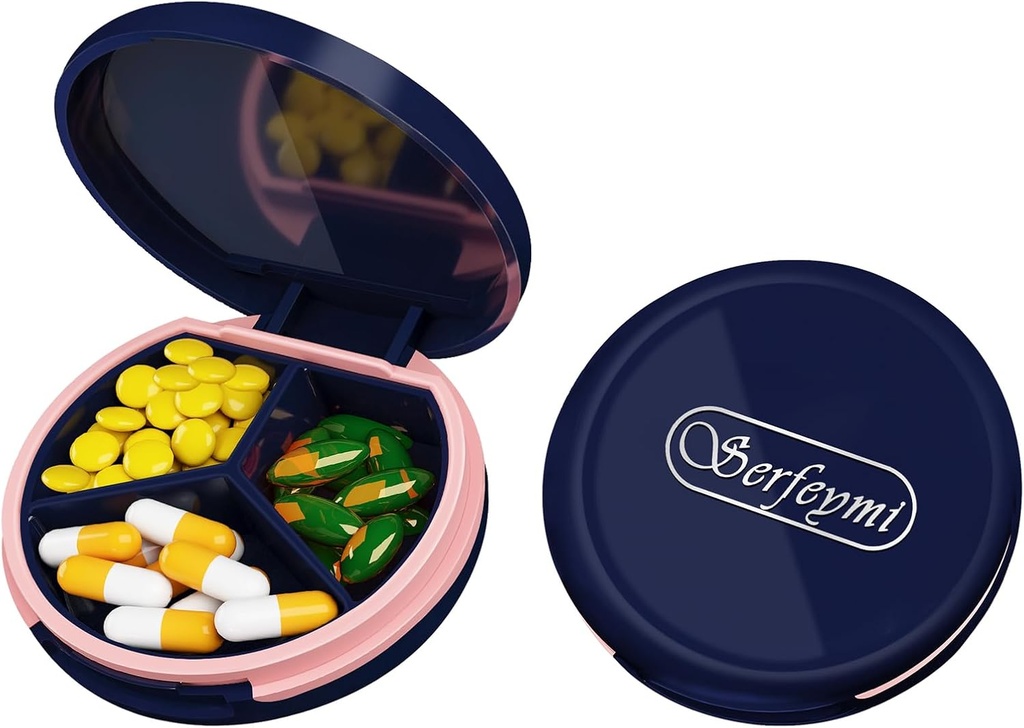 Serfeymi Small Pill Box - 3 scomparti Portatile Pill Box per Purse Pocket, Compact Mini Travel Pill Case - Adatto per Medicina, Vitamina, Fish Oil, Supplementi - Dark Blue(Logo)