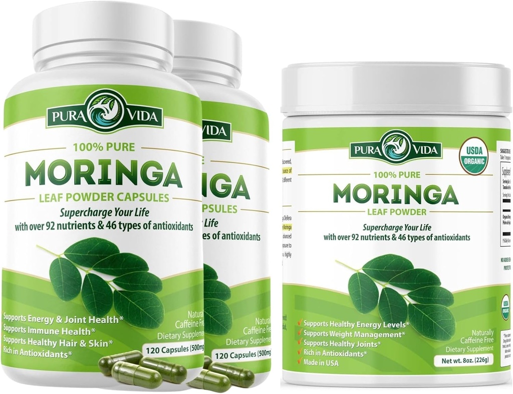 Moringa Capsules 120ct. 500mg Caps. (Pack of 2) i Moringa Powder 8 oz.