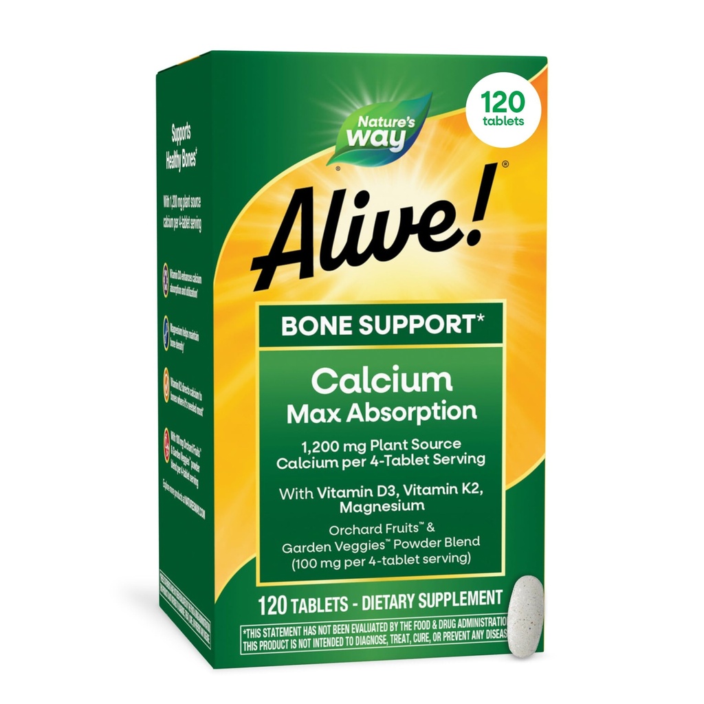 Nature’s Way Alive! Calcium Bone Support Tablets*, Max Absorption Calcium Supplement with Vitamins D3, K2, & Magnesium, Promotes Bone Health and Bone Density*, Gluten Free, 120 Tablets