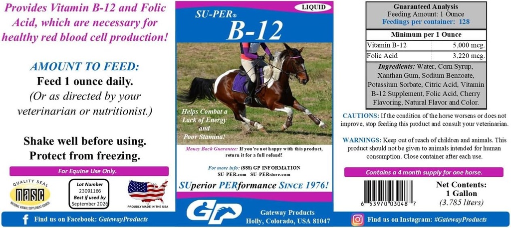 SU-PER B-12 ม้าพลังงาน บวม - Equee วิตามิน B-12 และ บี-9 การรองรับสารหล่อลื่นเลือด - เม็ดเลือดแดงและสเตมินา รองรับการผลิตไฟฟ้าสูง - กัลลอน 4 เดือน (20 วัน)