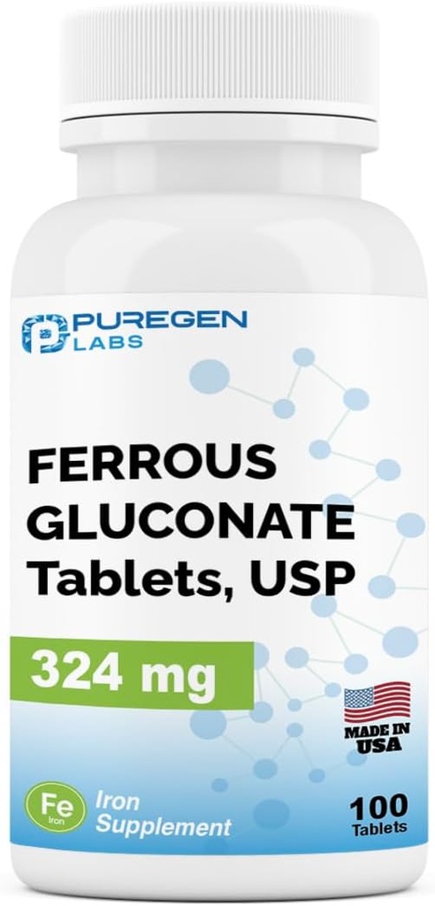 Puregen Labs Ferrous Gluconate 324 мг [Висока потенція] Залізо Supplement, Gentle on Stomach - 100 таблеток