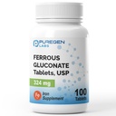 Puregen Labs Ferrous Gluconate 324 mg [High Potency] Iron Supplement, Gentle on Stomach - 100 Tablets