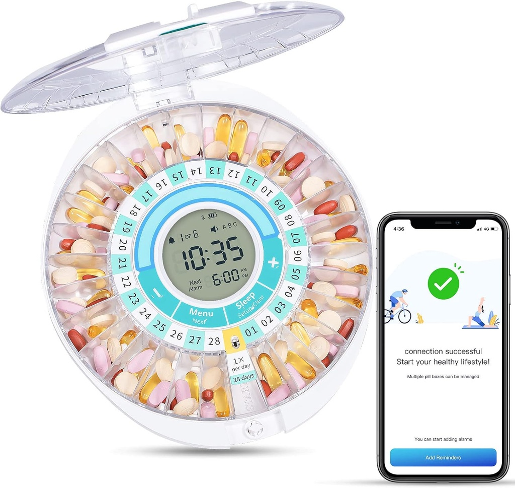 Zoksi Upgrade Bluetooth Smart Automatic Pill Dispenser, Electronic Medication Dispenser for Elderly, 28 Compartments Medicine Organizer with Sound/Light/App Alarm(Have Operation Video below)