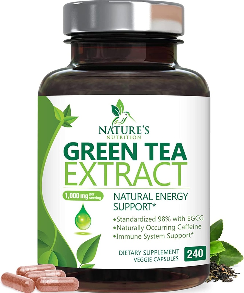 Green Tea Extract Capsules - 3X Strength Green Tea Extract 1000 mg Per Serving Pills with 45% EGCG & 98% Polyphenols for Natural Energy - Antioxidant Herbal Heart Support Supplement - 240 Capsules