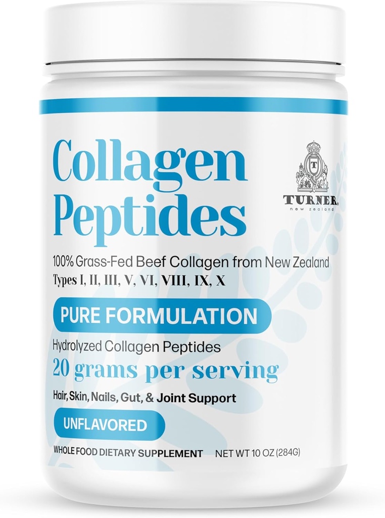 TURNER Collagen Peptider pulver ren formulering, 100% Grass-Fed Beef Bone Collage fra New Zealand, Unflavored, 10 oz