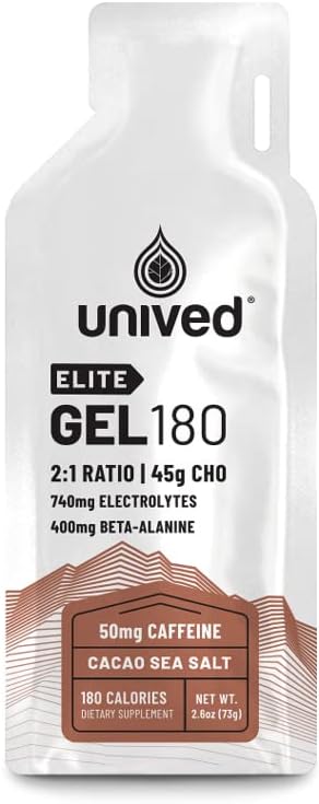 Unived Elite Gel 180-2: 1 Poměr jednoduchých a komplexních sacharidů s Beta Alanine & Essential Electrolytes - pro Endurance Sportes Runners & Cyclists -180kcal - Cocoa Sea Salt - 50mg Caffeine - Pack of 6