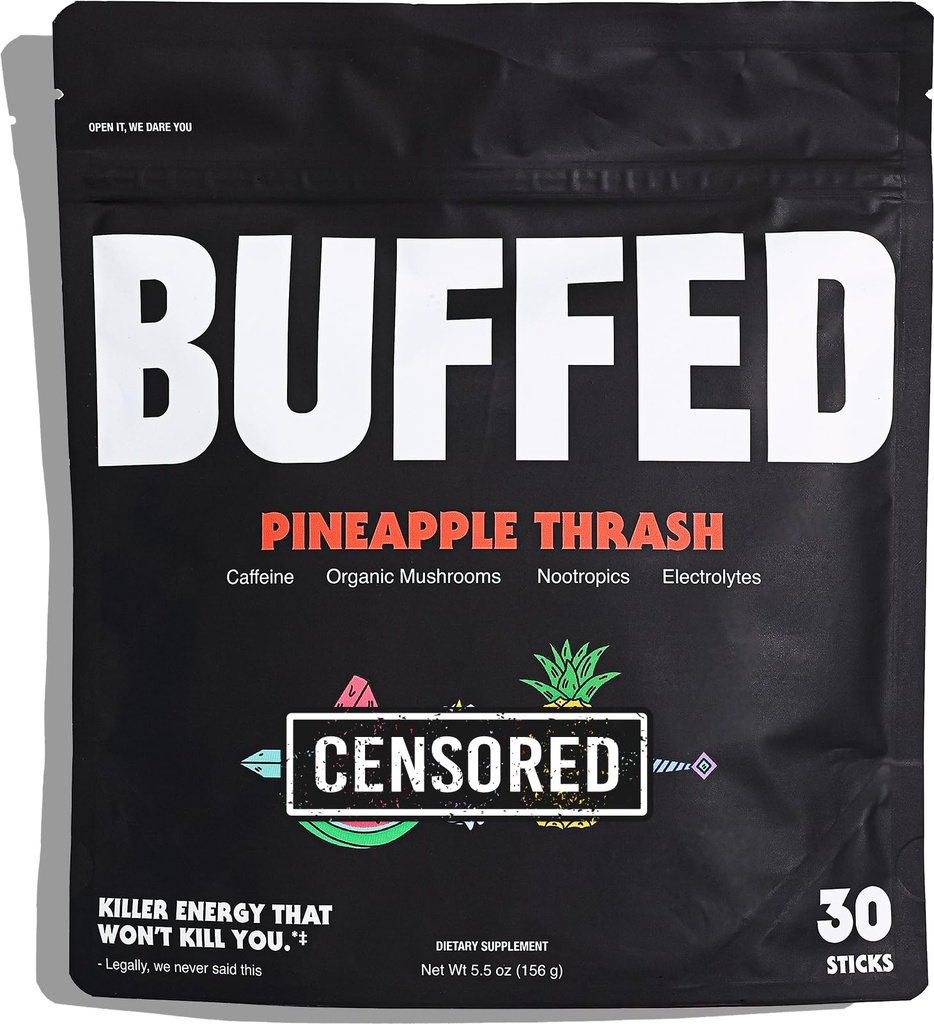 Energy Powder Stick Packs, Drink Mix | Clean, Healthy Boost Packets | 150mg Caffeine + Hydration | Nootropics, Organic Mushrooms, B-Vitamins, Electrolytes | 30 Pack-Pineapple Thrash