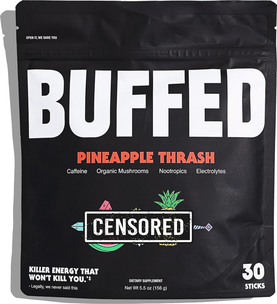 Energy Powder Stick Packs, Drink Mix | Clean, Healthy Boost Packets | 150mg Koffein + Hydration | Nootropics, Organic Mushrooms, B-Vitamins, Electrolytes | 30 Pack-Pineapple Thrash