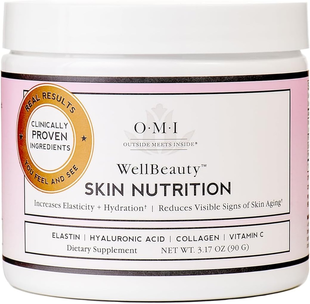 OMI Wellbeauty Skin Nutrition, clínicamente probado para aumentar la elasticidad y reducir los signos visibles del envejecimiento de la piel, elastina marina francesa, colagen, ácido hialurónico, vitamina C, 1 mes de suministro, 3.17oz