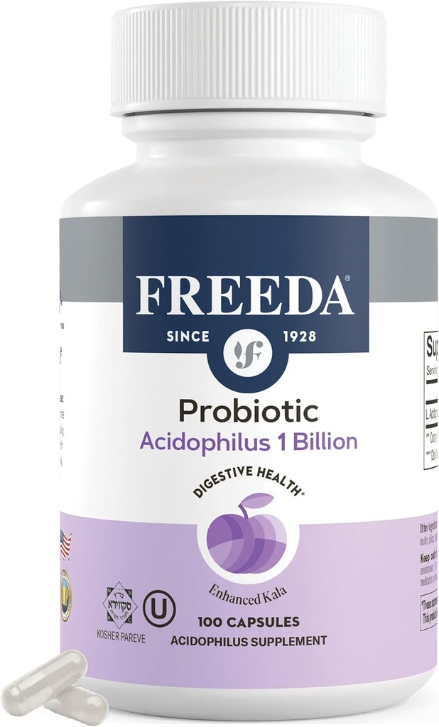 FREEDA Acidophilus Probiotic 1 Billion CFU – Lactobacillus Acidophilus with Organic Inulin & Blue Agave – Salud Digestiva, Regularidad &amp; Apoyo Inmunitario – Vegan, Kosher, Non-GMO (100 cápsulas)