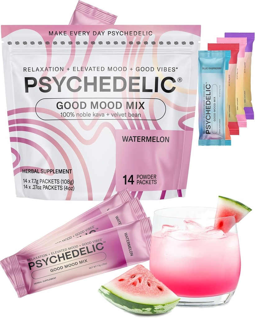 God Mood Mix - Vannmelon - Powder Packets - beroligende Kava Drink Mix - Easy Open Single-Serving - Flavored Kava Powder - Mucuna Pruriens - Stevia - Ikke-alkoholisk Adaptogen Mocktails - 14 Stick