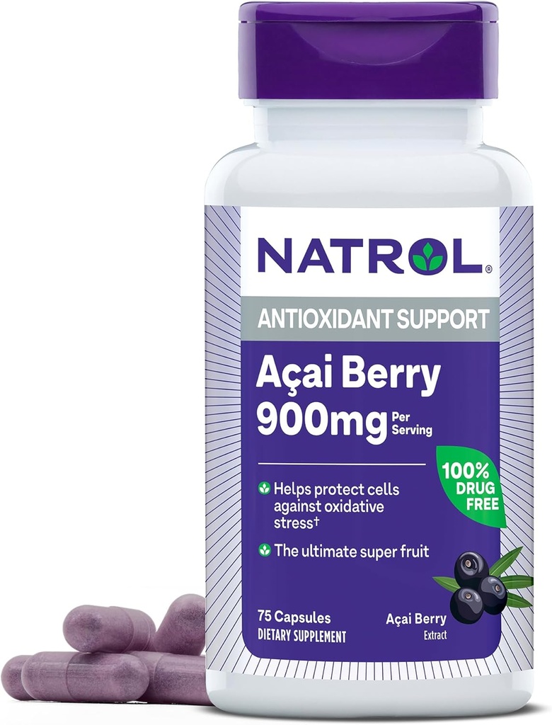 Natrol Acai Berry 900 mg per Serving, Dietary Supplement for Antioxidant Support, 75 Capsules, 37 Day Supply