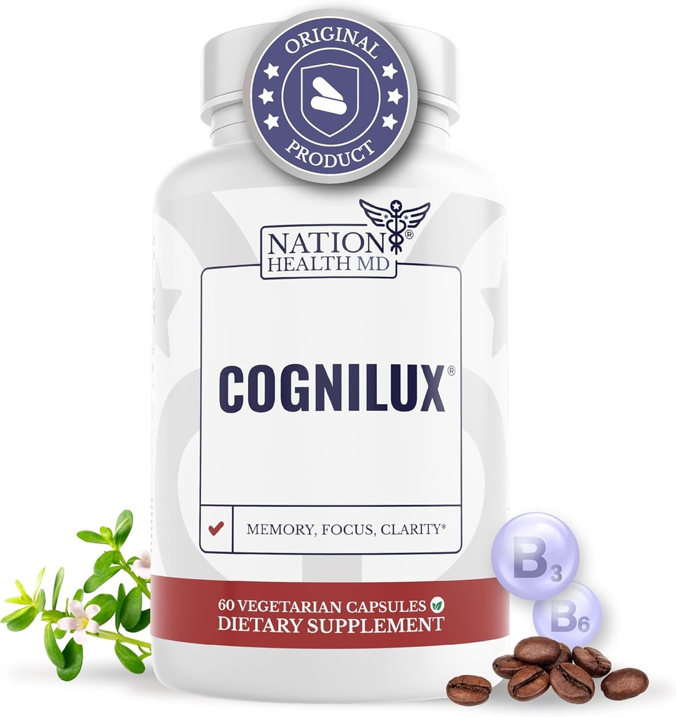 Cognilux - Brain Doplnky pre pamäť a zaostrenie - Nootropný Focus Supplement s niacínom, vitamínom B6, GABA a viac - Pamäťové doplnky pre mozog, zdravie mozgu, 60 kapsúl
