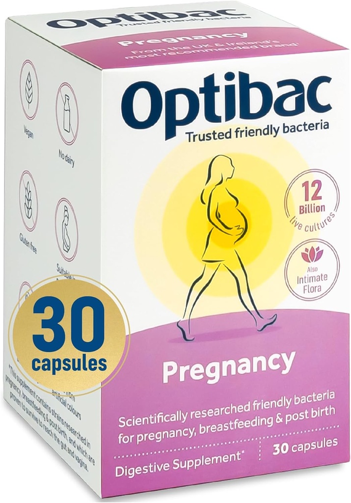 Optibac Probiotics 임신 - 12 억 CFU & FOS 섬유, 임신 및 모유 수유 여성을위한 Vegan Probiotic 보충, 30 캡슐