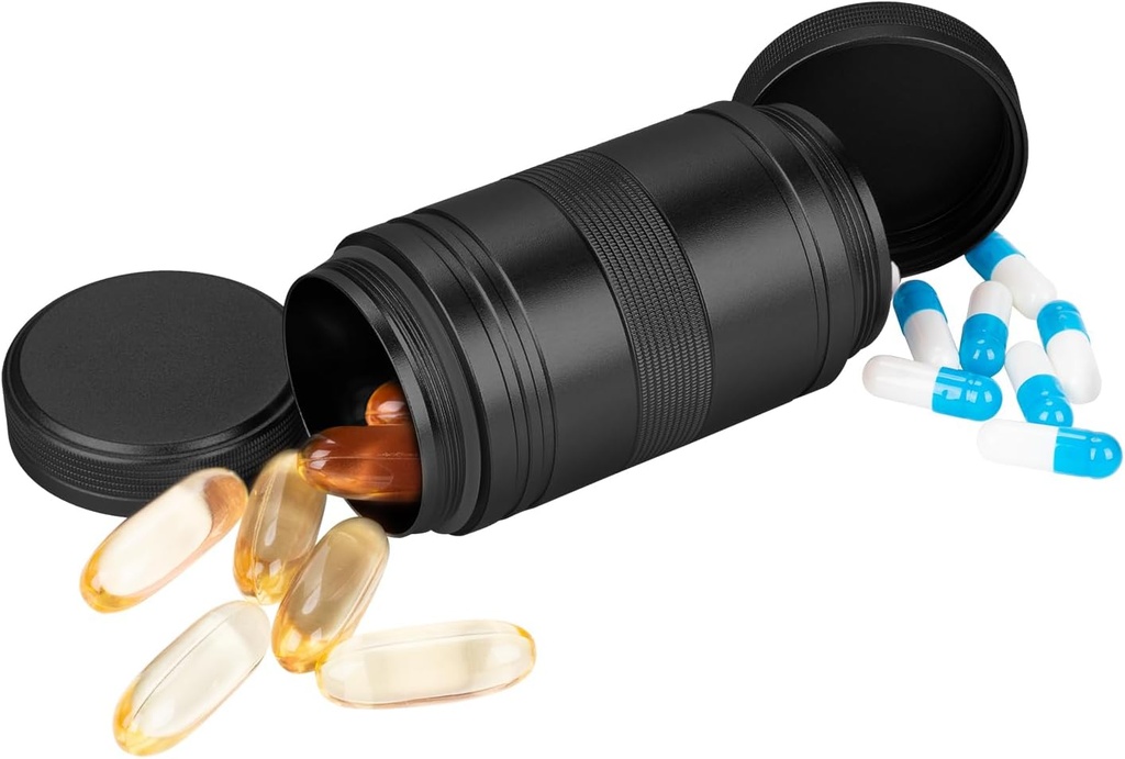 Kovinske tablete Box 2 krat na dan - Prenosne vodoodporne majhne tablete Primer (AM PM), Travel Daily Pill Container, Compact Pill Holder Medicine Organizator za tablete/vitamin/ribje olje/dodatki, črna