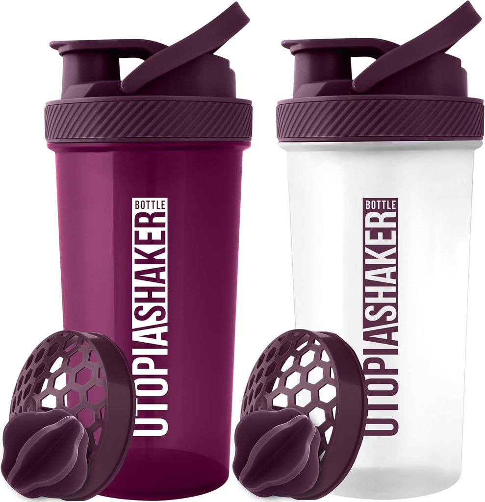 Utopia Home Protein Staker Bottle - (Paket 2) 28- Ounce botol Shaker untuk Mixes Protein - Fitness Olahraga Protein Mixer Shaker Botol (Plum & Clear / Plum)